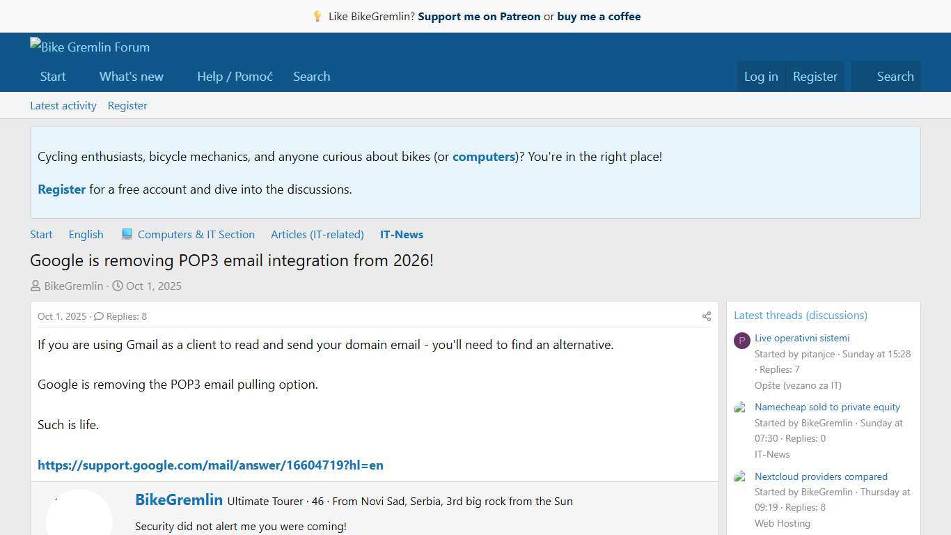Google is removing POP3 email integration from 2026! Bike Gremlin Forum